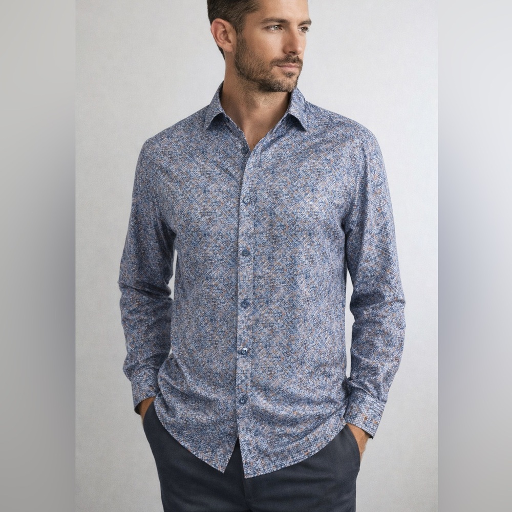 Bugatchi OoohCotton Tech Stretch‎ Mens Blue Geometric Button Shirt Large